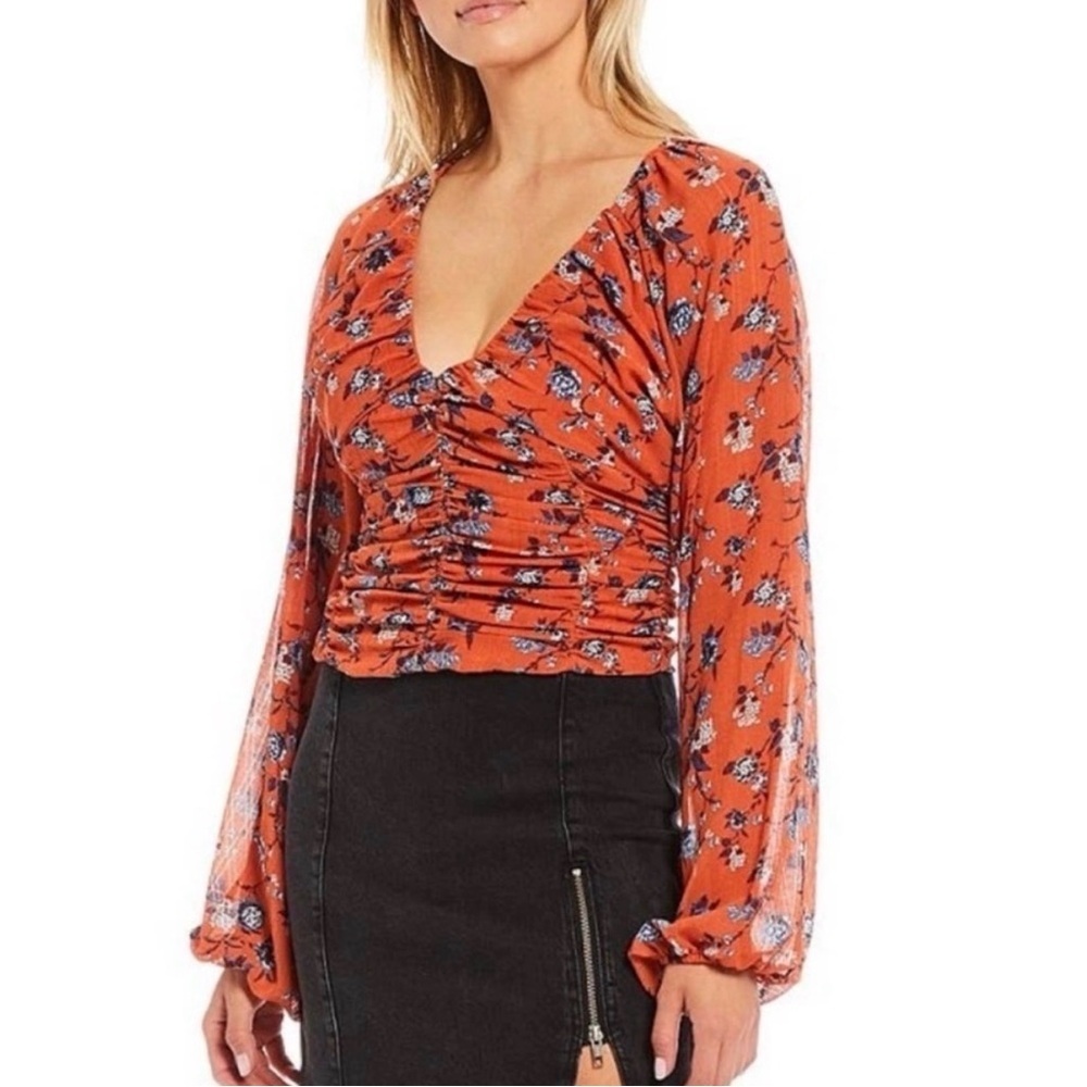 Free People | NWT Final Rose Orange Floral Ruched Blouse | Sz S